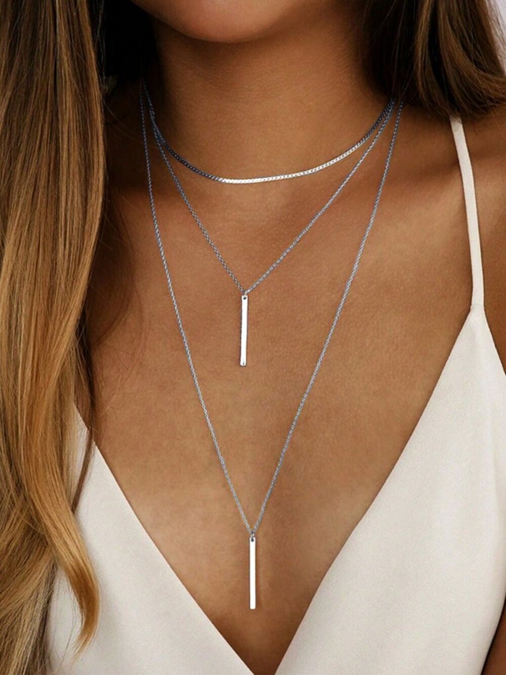 Silver Casual Women's Minimalist Snake Bone Chain Multilayer Necklace